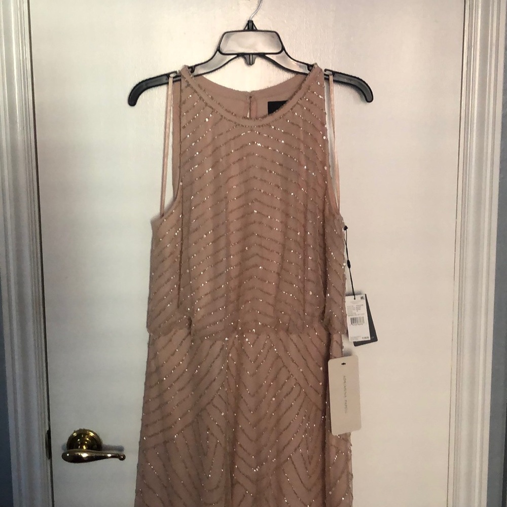 Adrianna Papell Blush Art Deco Beaded Halter Dress - Picture 1 of 5